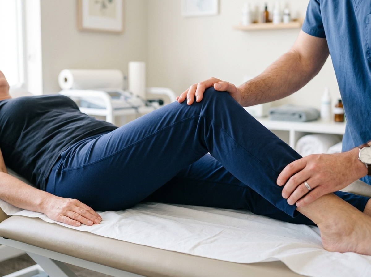 Fisioterapeuta realizando mobilização do joelho como parte do tratamento da artrite