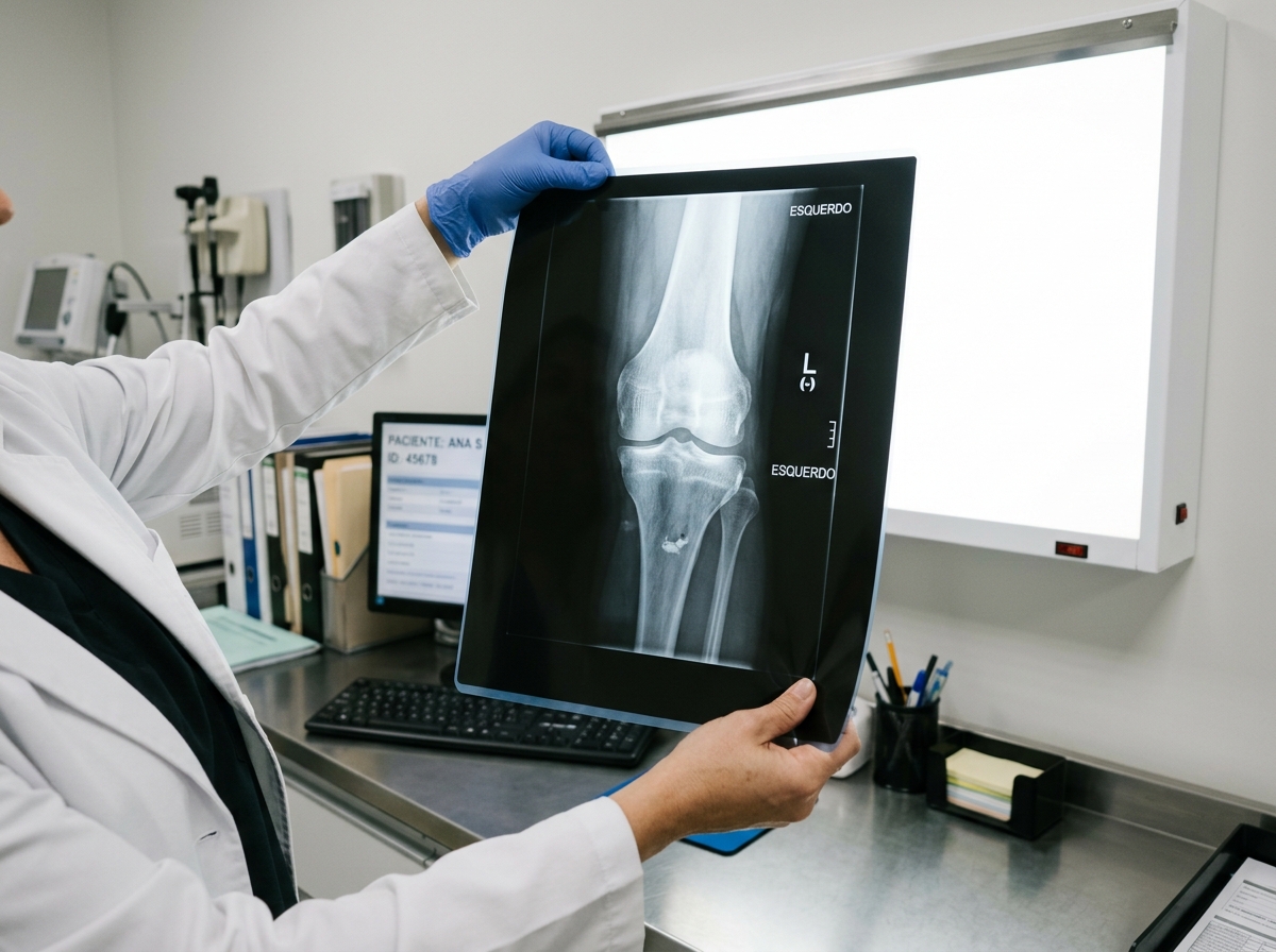 Profissional de saude analisando radiografia para confirmar diagnostico de artrite ou artrose