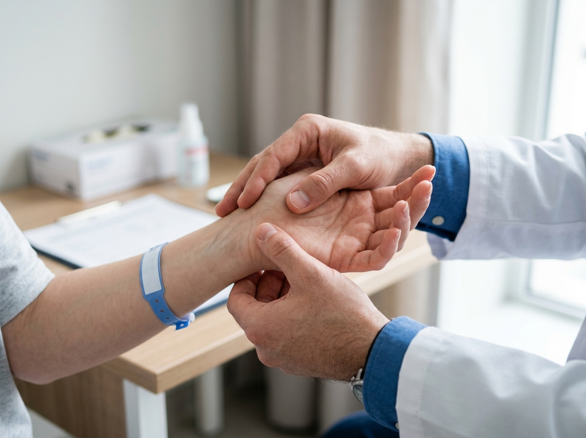 Medico examinando o punho e os dedos de um paciente durante consulta de reumatologia