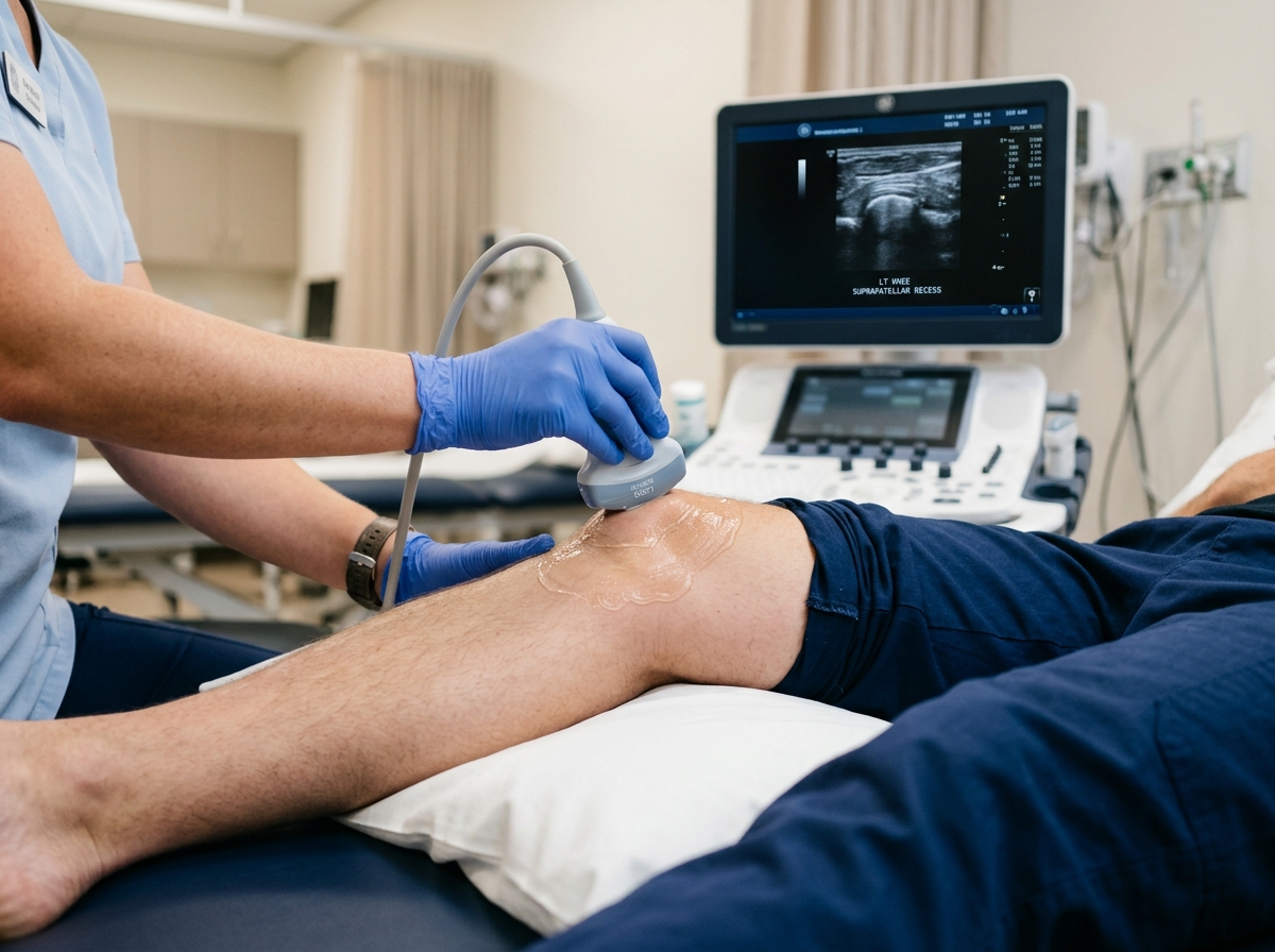 Profissional de saude realizando exame de ultrassom no joelho para diagnostico de dor articular