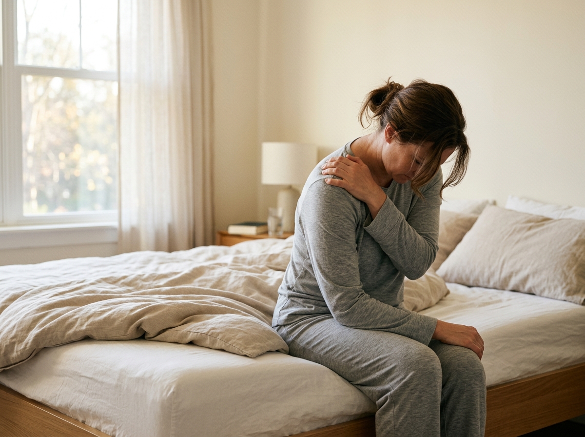 Mulher sentada na cama pela manhã com a mão no ombro, sinal de cansaço e dor muscular da fibromialgia