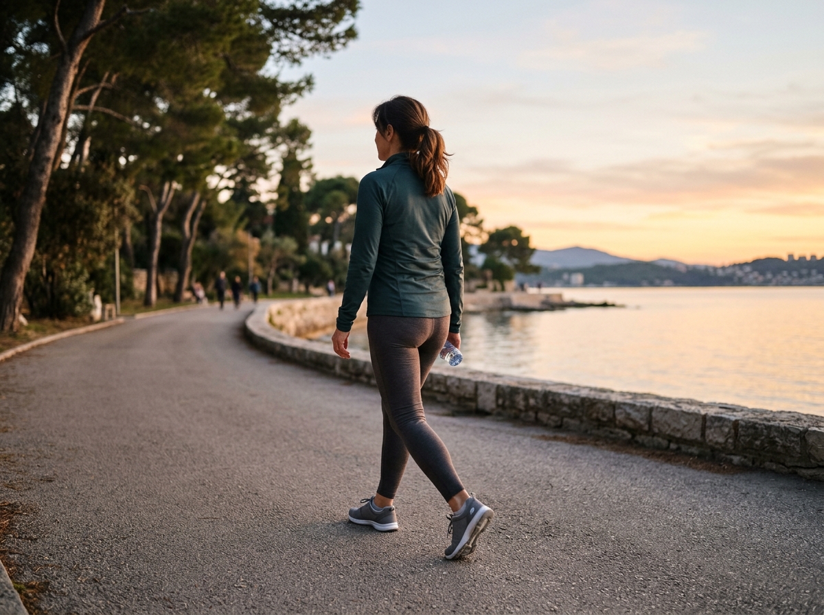 Pessoa caminhando em ritmo leve ao entardecer, representando a atividade física como parte do tratamento da fibromialgia