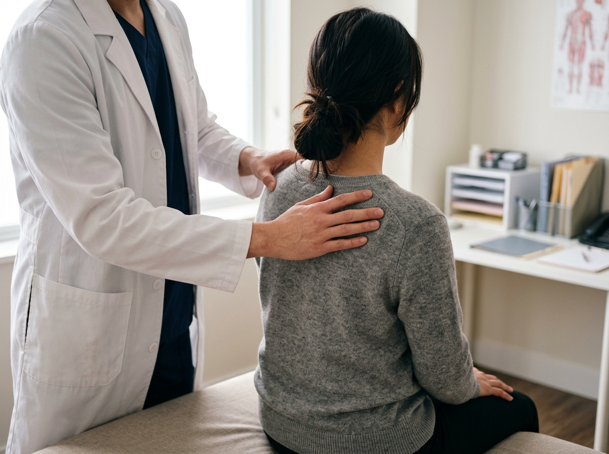 Médico examinando o ombro de um paciente durante consulta, representando o processo de diagnóstico da fibromialgia