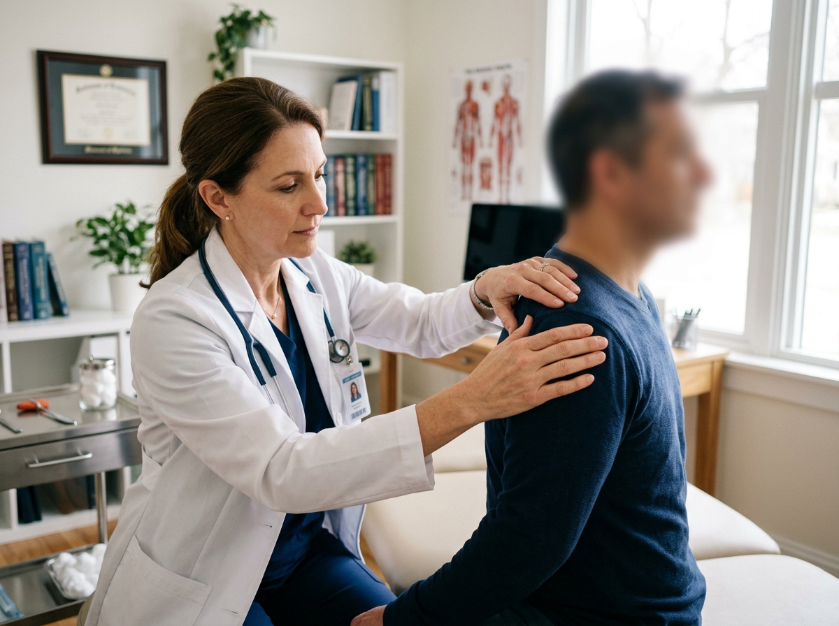Reumatologista examina pontos do corpo de um paciente durante consulta de diagnóstico de fibromialgia