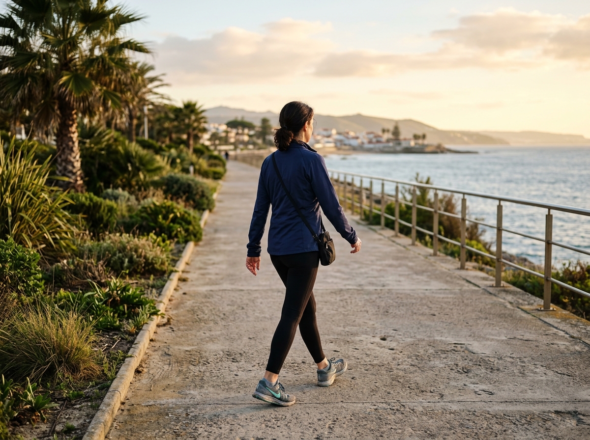 Pessoa caminhando em ritmo leve à beira-mar como parte do manejo diário da fibromialgia