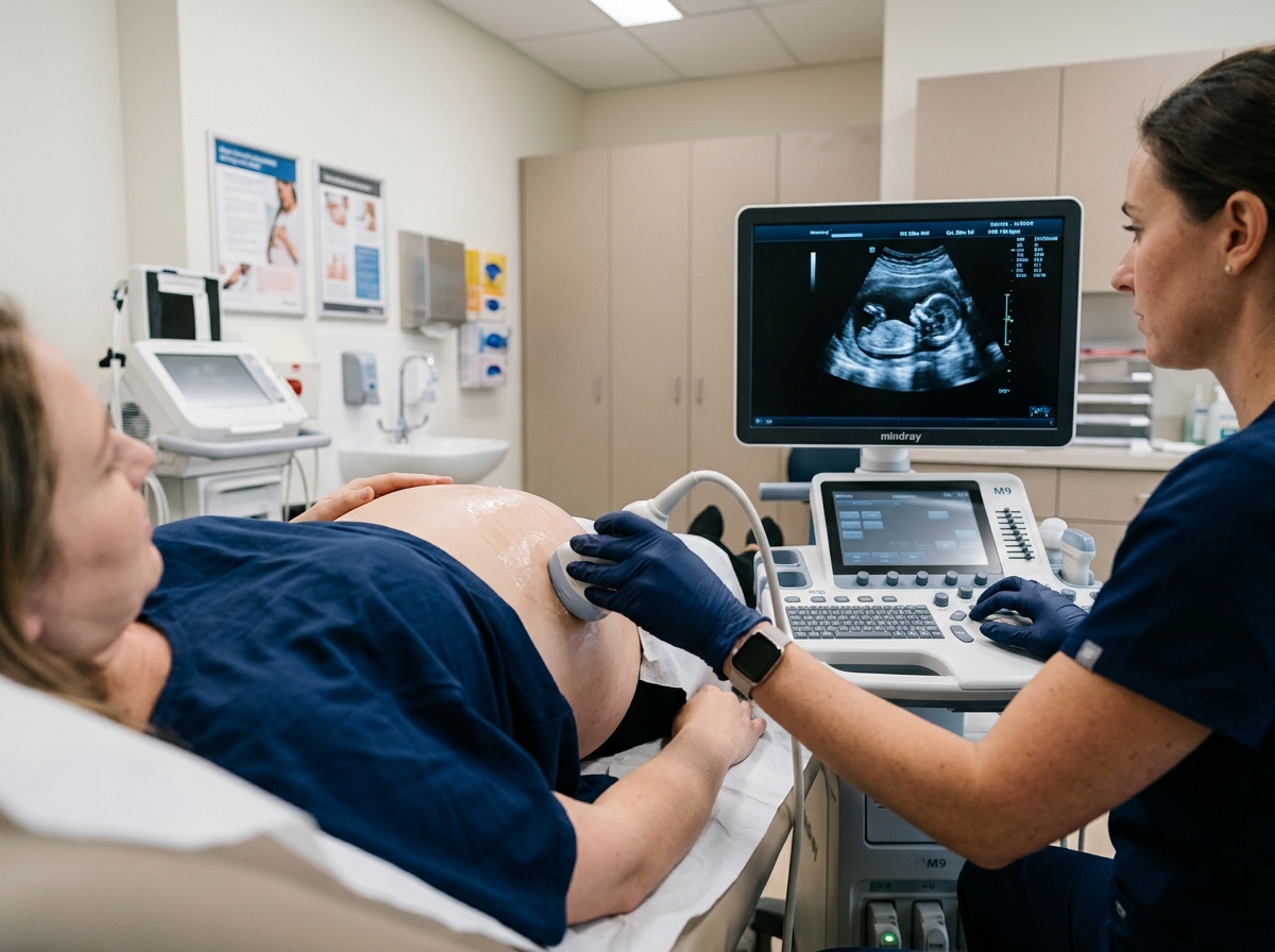 Médica realizando ultrassom obstétrico em gestante durante acompanhamento pré-natal do lúpus
