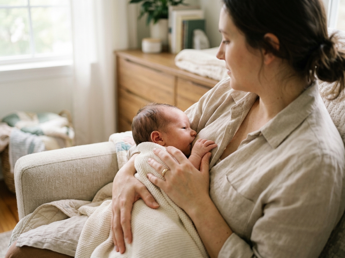 Mãe amamentando recém-nascido em casa durante cuidados pós-parto no tratamento do lúpus