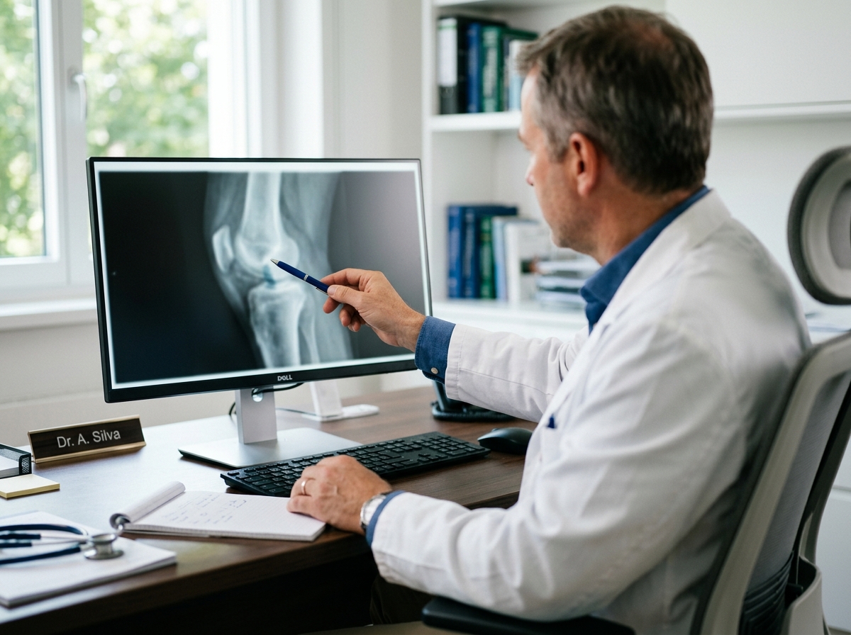 Médico analisando imagem de exame de joelho para fechar o diagnóstico de osteoartrite