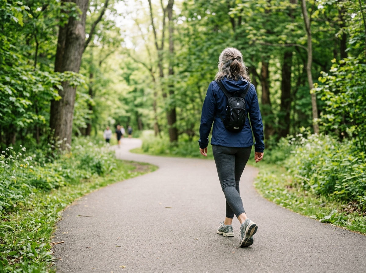 Pessoa caminhando ao ar livre em parque como hábito saudável para proteger o joelho