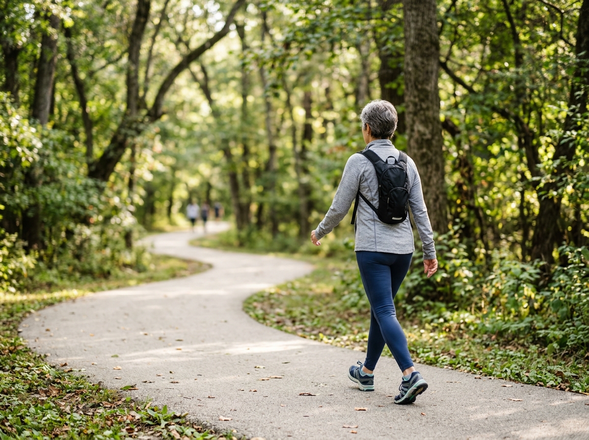Mulher caminhando ao ar livre como parte da prevenção e fortalecimento ósseo contra a osteoporose