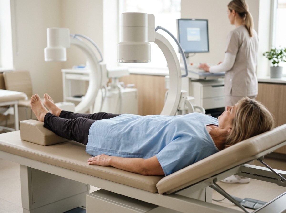 Mulher de meia-idade realizando exame de densitometria óssea (DEXA) para diagnóstico de osteoporose