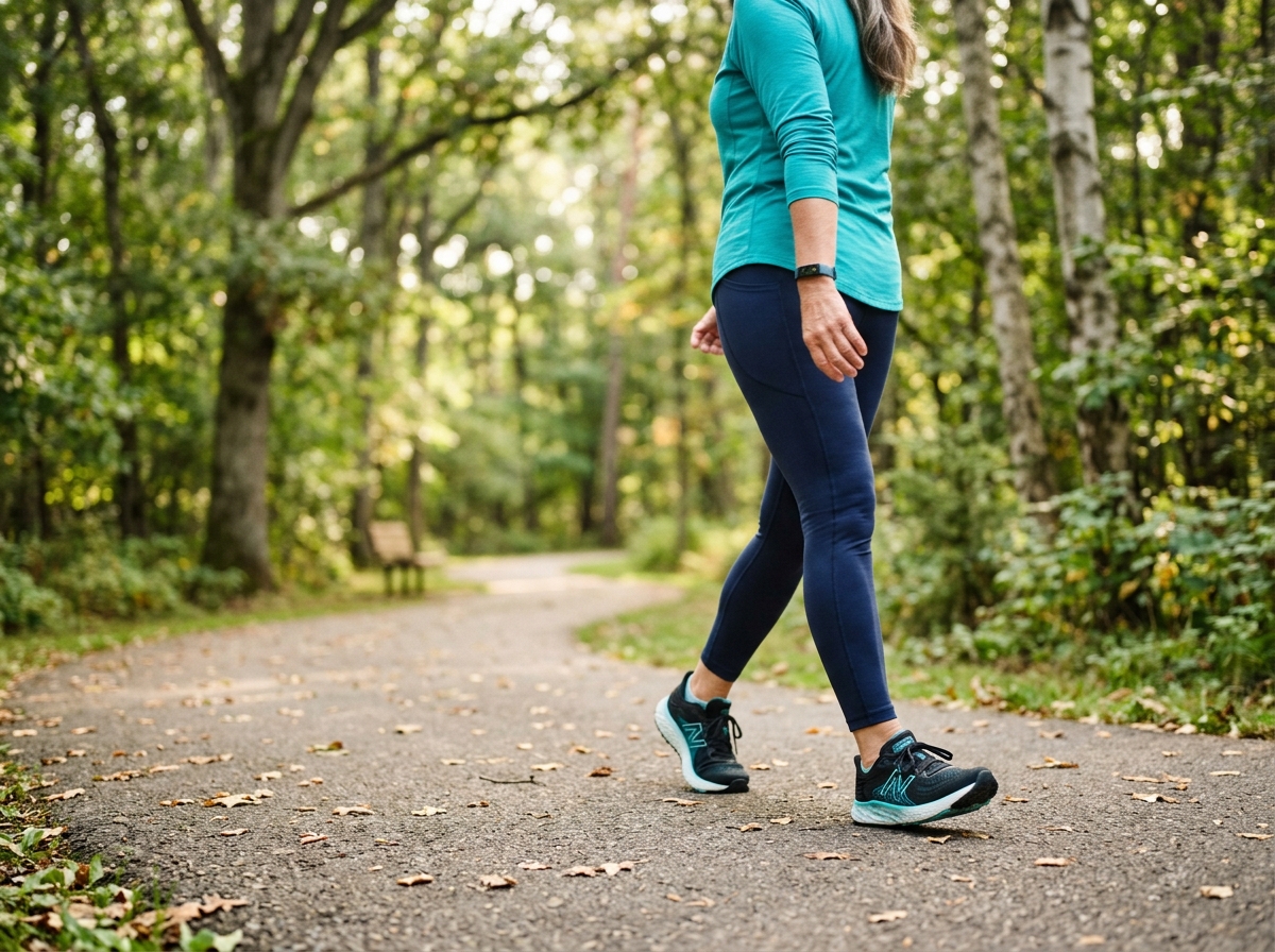 Mulher de meia-idade caminhando ao ar livre como parte da prevenção de quedas e fraturas
