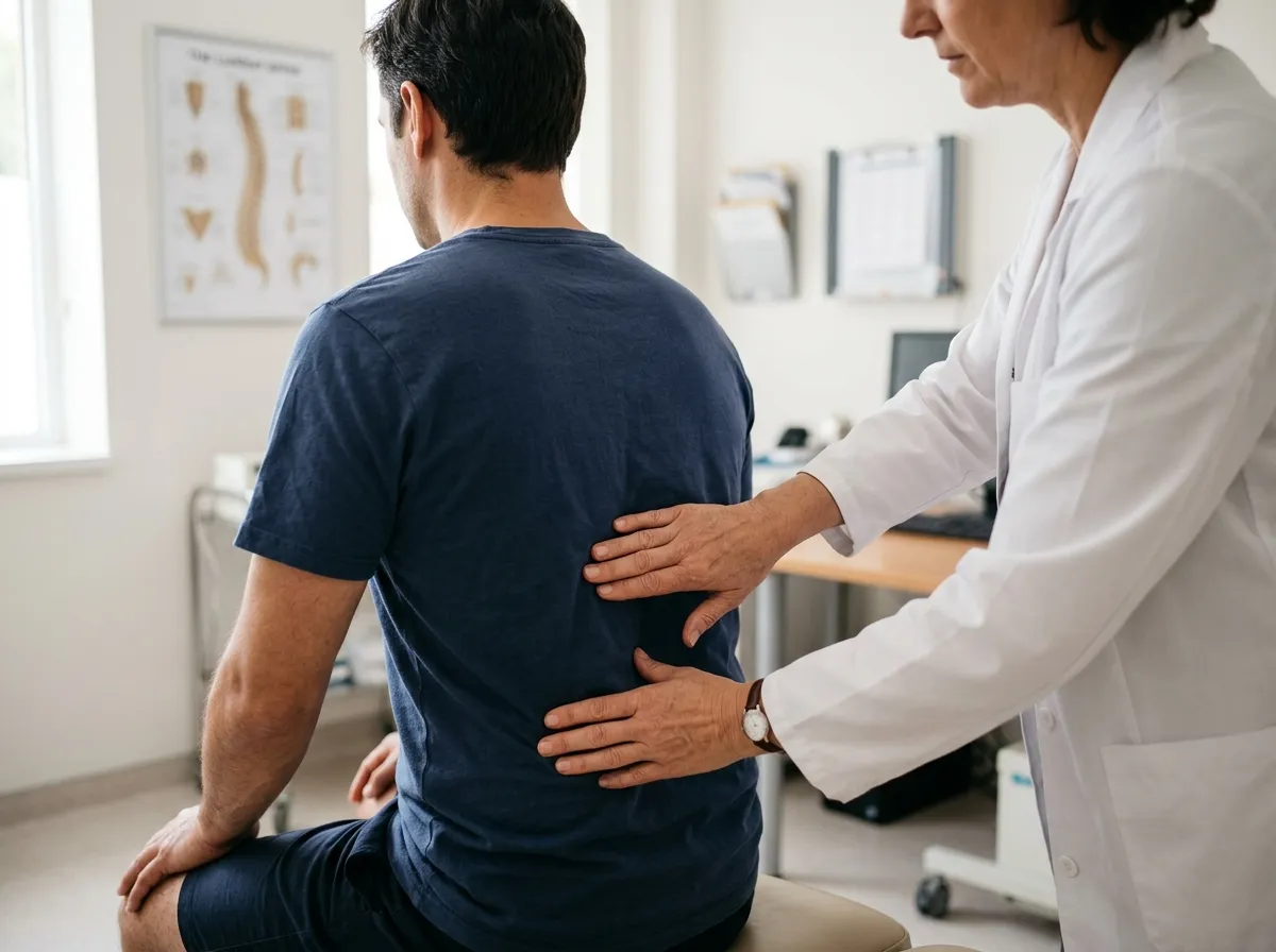 Medico examinando a coluna de um paciente durante avaliacao clinica reumatologica, foco nas maos