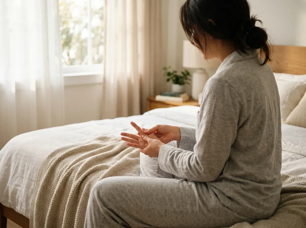 Mãos massageando o pulso pela manhã, sugerindo rigidez articular, sintoma comum do lúpus