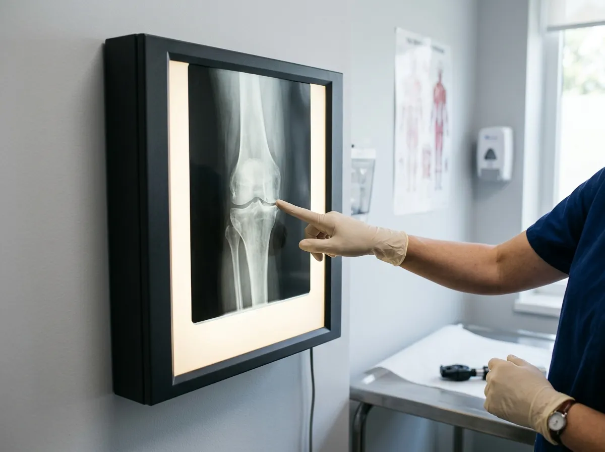 Radiografia de joelho sendo analisada em negatoscópio por mãos de profissional de saúde, auxiliando no diagnóstico da osteoartrite