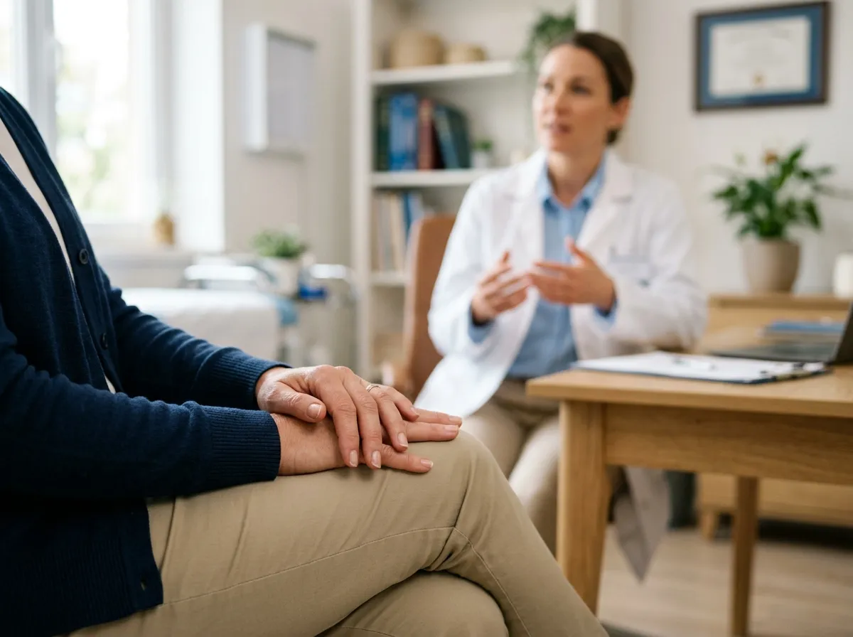 Paciente em consulta médica com as mãos apoiadas no joelho, buscando orientação de reumatologista sobre osteoartrite